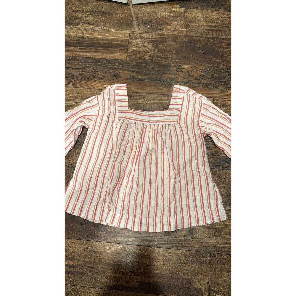 Rachel Zoe 100% Linen Striped Square Neck Blouse Red Yellow White Small